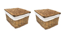 SET OF 2 Lidded Wicker Storage Basket With Lining Xmas Hamper Basket Brown Small 30 x 20 x 11.5 cm