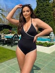 In The Style Jac Jossa Control Stitch Trim Wrap Front Swimsuit - Black/White, White, Size 12, Women