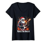 Womens Rock the Bells Christmas Rocker Santa Rock Guitarist V-Neck T-Shirt