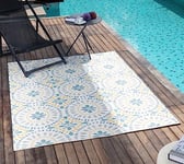 Livabliss Aveiro Indoor Outdoor Rug - Large Boho Rug for Living Room 160x213cm, Dining, Kitchen Rug - Vintage Patterned Neutral & Coloured Rugs, Waterproof, Stain Durable, Ivory, Blue, Mustard Rug