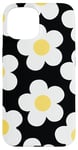 iPhone 15 White Daisy Flower Pattern Yellow Floral on Black Case