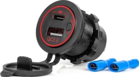 Amio Billaddare Med Usb-Uttag Vattentät Usb + Usb-C Qc3.0 12V 24V Amio-04221