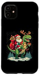 Coque pour iPhone 11 Costume de pyjama Père Noël chevauchant dinosaure T rex cerf lumières de Noël