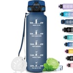 Grsta Gourde 1l, Gourde Sport Anti-Fuite, Gourde Filtrante, Facile à Nettoyer, Gourde Reutilisable avec Slogan de Motivation, Gourde anti Fuite, pour Running, Vélo, Camping, Navibleu