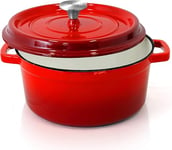 Nutrichef Cocotte en Fonte Émaillée - Cocotte Fontede 5 Litres, Ustensiles de Cuisson en Fonte Émaillée pour Cuisinière, Marmite Induction en Fonte Émaillée avec Couvercle Auto-Basculant (Rouge)