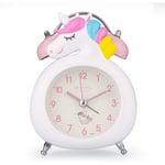 Réveil pour enfants horloge silencieuse avec veilleuse et alarme forte à Pôles mignon licorne double cloches horloge (blanc) Fei Yu