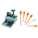 Makita DHP482RFX9 Perceuse-visseuse à percussion, sans fil, 18 V/3,0 Ah, avec 2 batteries et chargeur, 96 pièces accessoires & Stanley FatMax 0-65-443 Jeu De 6 Tournevis Isolés 1000V