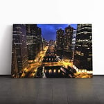 Big Box Art Canvas Print Wall Art City and Buildings at Night | Mounted and Stretched Box Frame Picture | Home Decor for Kitchen, Living, Dining Room, Bedroom, Hallway, Multi-Colour, 20x14 Inch