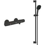 GROHE Precision Trend Thermostatic Cool Touch Shower Mixer with Vitalio Comfort 110 Shower Set (Water Saving, Square 11 cm Hand Shower 2 Sprays: Rain & Jet, Hose 1.75 m, Rail 90 cm), Matt Black