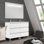 Meuble de salle de bain double vasque - 6 tiroirs - PALMA et miroir Led STAM - blanc - 120cm