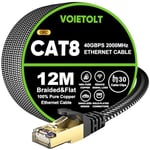 VOIETOLT Cat 8 Câble Ethernet 12M, 40Gbps/2000Mhz Haut Débit S/FTP Cable Internet, Plat Tresse RJ45 Gigabit Cable LAN pour PS4/5, Ordinateur, Modem, PC, TV