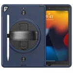 Coque de Protection pour iPad 7/8/9 Gen(2019/2020/2021) 10,2" et Air 3 Gen(2019) 10,5" pivotant à 360° avec bandoulière Noir/Bleu Marine