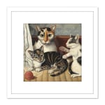 Painting 19th Century American Cat And Kittens 8X8 Inch Square Wooden Framed Wall Art Print Picture with Mount