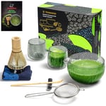 TEANAGOO Matcha Set Matcha Whiska Bowl with Versing Spout Scoop Matcha Whisk Holder Tea Making Kit. Set de Thé Japonais (7pcs) + 2Tasses(5,6oz),S22,Verre Gris Foncé,Color Box Packing