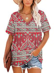 MOLERANI T-Shirt à Manches Courtes et col en V pour Femme Tunique d'été décontractée (Boho Fleuri Rouge,XXL)