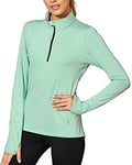 icyzone Femme Veste de Sport 1/4 Zip T-Shirts Manches Longues Séchage Rapide avec Chemises de Course Haut de Yoga Trous de Pouce (XL, Vert Clair)