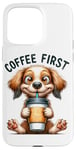 Coque pour iPhone 15 Pro Max Coffee First Tasse à café Motif chiot mignon