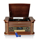 Tourne-Disque Roadstar HIF-1996D+BT - 33/45/78 Tr/Min, Radio Dab+/FM, cdMP3, Cassette, Bluetooth, USB, rétro, Bois+ clé USB 32go