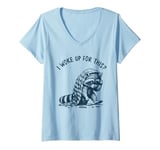 Womens I Woke Up For This, Funny, Jokes, Funny Meme Tired Raccoon V-Neck T-Shirt