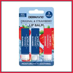 DERMA V10 Lip Balm Soothing - 2x Original | Strawberry - VEGAN - Triple Pack