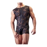 Body Combishort homme sexy Dentelle LACE FLOWER Noir avec Zip - Taille XL