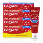 Colgate Max White Optic Toothpaste, Whitening Toothpaste, Clinically Proven to Remove up to 100 Percent Surface Stains*, Toothpaste Multipack, 4 Pack, 75ml Tubes