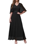 DRESSTELLS Robe de Soirée Femme Élégante en Col V pour Cocktail Cérémonie Bal de Promo, Robe Demoiselle d'honneur Femme pour Mariage Invité avec Manches Courtes Noir L