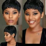 Noir Courte Pixie Perruque Femme Naturelle Perruque Courte En Cheveux Humains Short Human Hair Wig Droit Brésilienne Couche Cheveux Avec Frange Perruques (Noir)