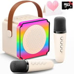 Gontence Karaoke Enfant avec 2 Micro, Carte Cadeau, Magique Voix Change，LED Lumière, Karaoke Jouet Cadeau pour Adulte, Fille et Garçon 3 4 5 6 Ans，Beige