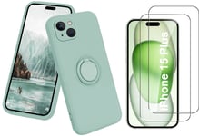 Coque Silicone Pour iPhone 15 Plus Couleur Vert Avec Anneau Support + 2 Verres T