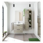 Caesaroo - Meuble de salle de bain suspendu 60 cm Chêne avec lavabo et miroir Chêne clair - Avec colonne et lampe led