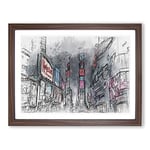 Theater District In Manhattan New York In Abstract Modern Art Framed Wall Art Print, Ready to Hang Picture for Living Room Bedroom Home Office Décor, Walnut A4 (34 x 25 cm)