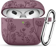 Fleurs Gravure Étui pour Coque Airpods 3e Génération, Silicone Antichoc Protectrice Housse Compatible avec Apple Airpods 3 Case 2021, avec Mousqueton [LED Visible à l'avant], Violettes Fumées