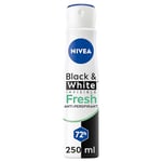 NIVEA Black & White Fresh Anti-Perspirant Spray (250ml), 72hr Anti-Sweat Women's Deodorant Spray, No Stains on Black and White Clothes