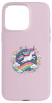 Coque pour iPhone 15 Pro Max Licorne ludique volant à travers le ciel étoilé avec arc-en-ciel