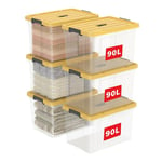 Cetomo 90L*6 Boîte de Rangement, Bac de rangement avec Poignée, Plastique Organisateur avec Couvercle, Empilable, Transportable, pour Vêtements, Bureau, Chambre, Dortoirs, Clair & Jaune, 90L-Lot de 6