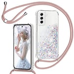 Coque pour Samsung Galaxy S22 Plus/S22+ 5G avec Cordon, Paillette Liquide Étui pour Téléphone avec Lanière, Transparent Silicone Coque Collier Réglable Téléphone Housse Portable Lanyard Case - Or Rose