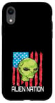 iPhone XR Funny Alien UFO USA Flag and Green Alien Head Case