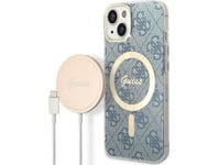 Guess Gubpp14sh4eacsb Case+ Charger Set Iphone 14 / 15 / 13 6.1" Blue/Blue Hard Case 4G Print Magsafe