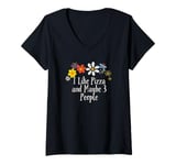 Womens Floral Artwork Art, I Like Pizza and Maybe 3 People Saying V-Neck T-Shirt