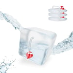 Relaxdays Lot de 4 bidons pliants, Robinet, Bouchon à vis, poignée, Eau, Camping, 5 litres, Transparent/Rouge