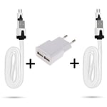 Pack Pour Manette Playstation 4 Ps4 Micro-Usb (2 Cables Chargeur Noodle + Double Prise Secteur Usb) Android (Blanc)