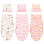 DRESHOW 3 Pack Newborn Swaddle Blanket with Hats Baby Printed Swaddles Infant Adjustable Sleep Sack for 0-3 Months Girls Boys