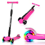 Jopassy Trottinette Enfant avec 3 Roues LED,Roues Lumineuses,Amortisseur ShockResist Frein, Hauteur réglable & Pliable Trottinette pour Enfants de 3 à 14 Ans-Rose