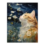 Moonlit Cat In Daisy Meadow Norwegian Forest Cat Oil Painting Extra Large XL Unframed Wall Art Poster Print