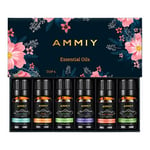 AMMIY Essential Oils Set of 6 x 10ml for Aromatherapy Bath Spa Diffuser Fragrance Relaxing Scent, Pure, Natural, Vegan Oils Including Eucalyptus, Lemon, Peppermint, Lavender, Sweet Orange, Tea Tree