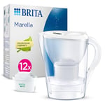 BRITA Marella Water Filter Jug White (2.4L) Annual Pack incl. 12x MAXTRA PRO All-in-1 cartridge - fridge-fitting jug with digital LTI and Flip-Lid - now in sustainable Smart Box packaging