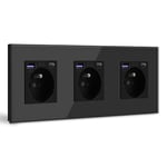 BSEED Triple Prise Murale avec USB C PD20W,Prise de courant à Encastrer,16A Prise de Courant Alternatif avec Panneau en Verre,Chargeur Rapide Multiprises avec 1USB C 20W,Idéal pour Maison,Bureau-Noir