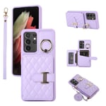 Phone Case For Samsung Galaxy S21 Ultra 5G Wallet Cover with Crossbody Shoulder Strap and Leather Credit Card Holder 360°Rotation Ring Kickstand Stand Cell S21ultra 21S S 21 21ultra G5 Girls Purple