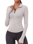 Rapbin Women's Long Sleeve Gym Tops Sport Slim Fit Top with Thumb Holes Hiking, Running, Cycling,Breathable 1/4 Zip Activewear (Ivory Grey,XL)